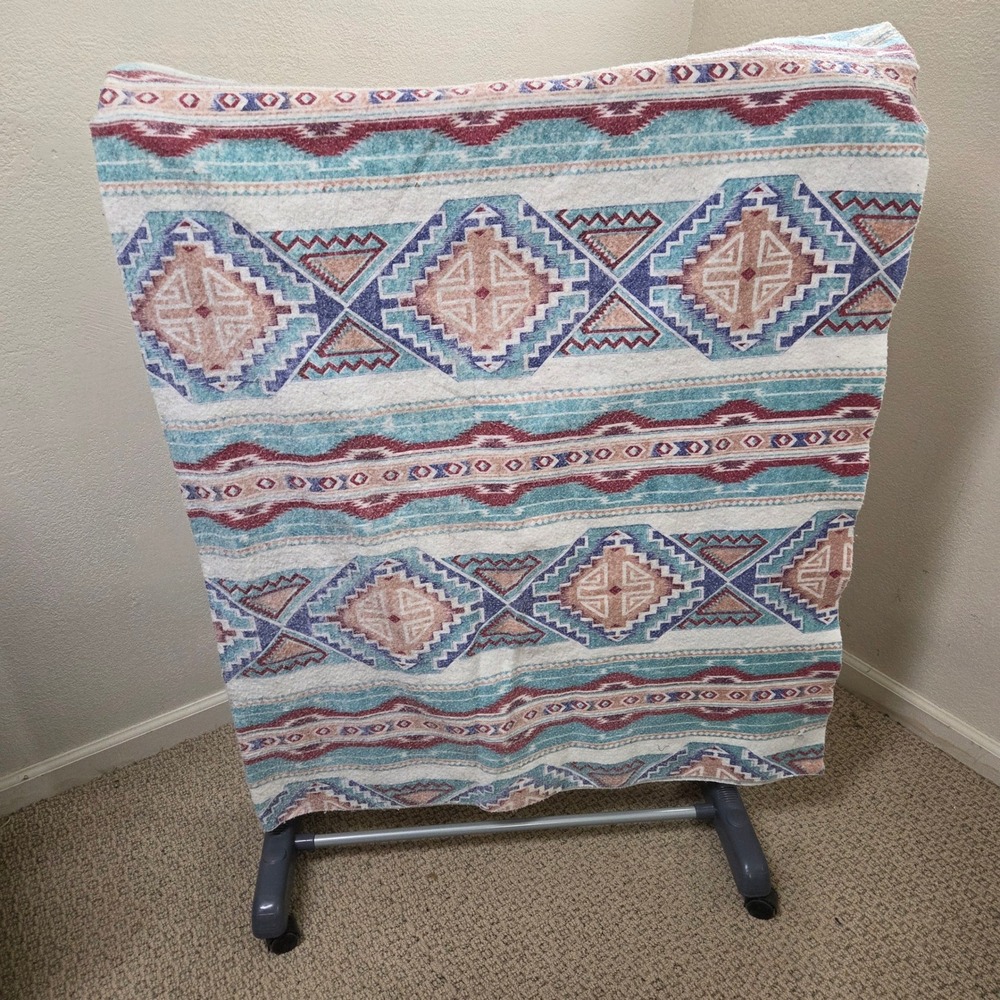 Vintage Southwestern Aztec Fleece Blanket Teal Burgundy Cream 80x72 Large Throw